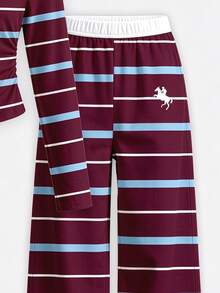 Tween Girls 2 Pcs Burgundy Striped Pony Print Ruched Waist Colorblock Long Sleeve T-Shirt & Wide Leg Pants Set, Red Top, Winter Outfits - Multicolor - View 6