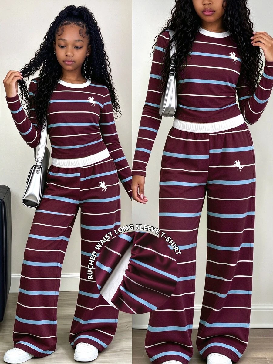 Tween Girls 2 Pcs Burgundy Striped Pony Print Ruched Waist Colorblock Long Sleeve T-Shirt & Wide Leg Pants Set, Red Top, Winter Outfits - Multicolor - View 1