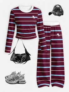 Tween Girls 2 Pcs Burgundy Striped Pony Print Ruched Waist Colorblock Long Sleeve T-Shirt & Wide Leg Pants Set, Red Top, Winter Outfits - Multicolor - View 4