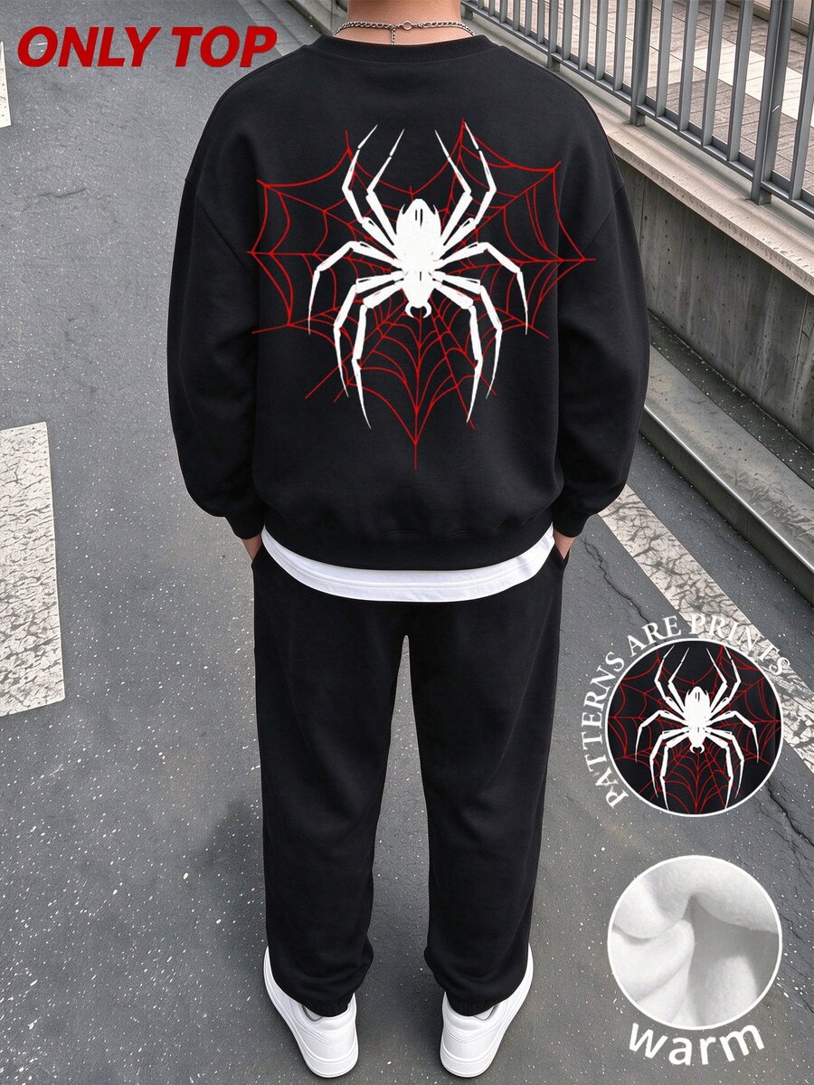 Tween Boys Goth Streetwear Heart Spider Graphic Drop Shoulder Crew Neck Sweatshirt Club Halloween Black And Red Fall - Black - View 1