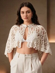 Anewsta Elegant Small Round Neck Stand Collar Single Button Wavy Edge Hollow Out Water-Soluble Crochet Cape Style Plus Size Women's Top - White - View 1