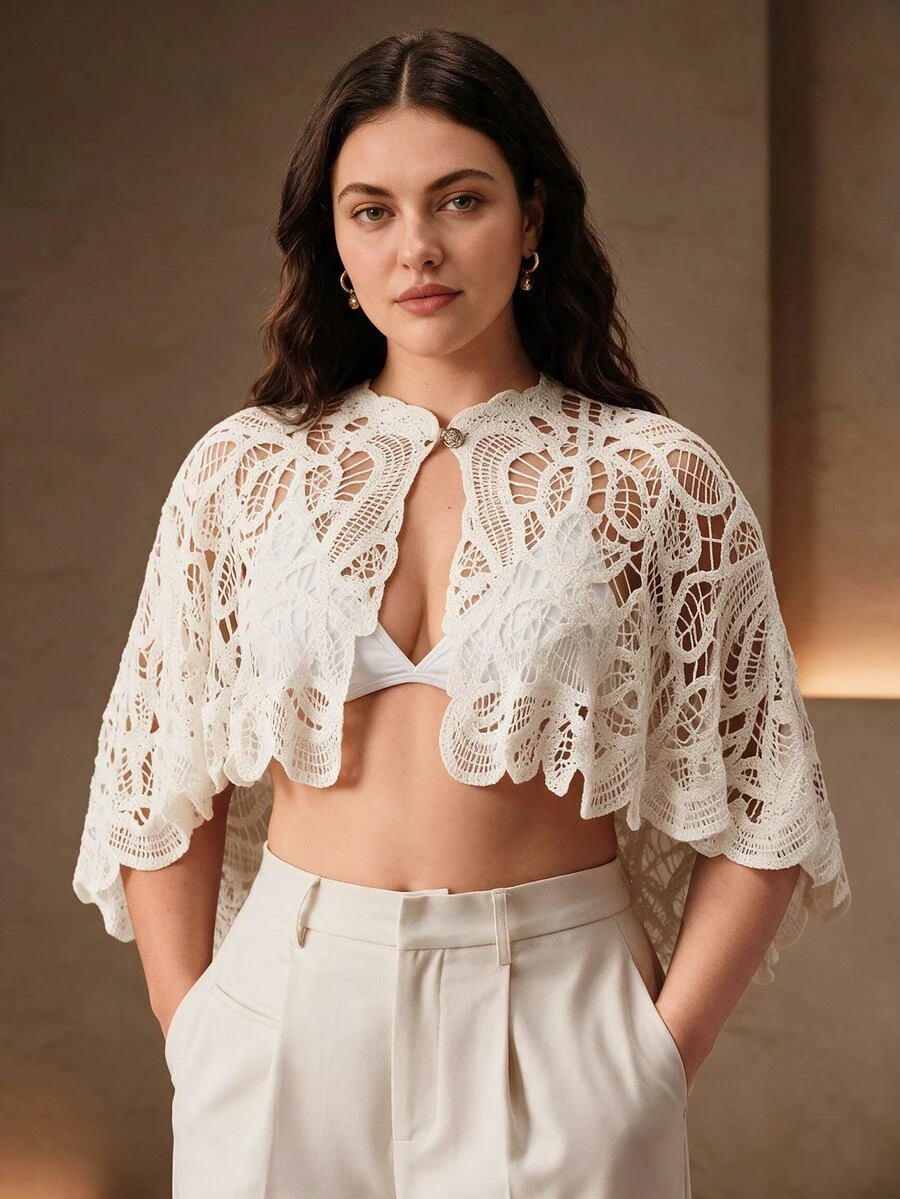 Anewsta Elegant Small Round Neck Stand Collar Single Button Wavy Edge Hollow Out Water-Soluble Crochet Cape Style Plus Size Women's Top - White - View 1