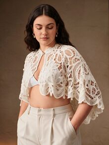 Anewsta Elegant Small Round Neck Stand Collar Single Button Wavy Edge Hollow Out Water-Soluble Crochet Cape Style Plus Size Women's Top - White - View 5