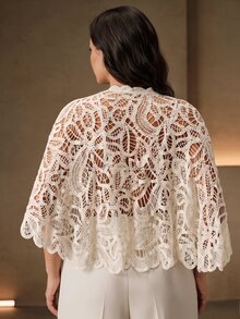 Anewsta Elegant Small Round Neck Stand Collar Single Button Wavy Edge Hollow Out Water-Soluble Crochet Cape Style Plus Size Women's Top - White - View 4
