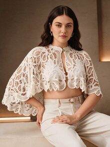 Anewsta Elegant Small Round Neck Stand Collar Single Button Wavy Edge Hollow Out Water-Soluble Crochet Cape Style Plus Size Women's Top - White - View 3
