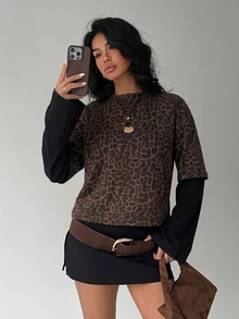 Aloruh Women's Round Neck Casual Leopard Print Pullover Fitted T-Shirt With Patchwork, Y2K Leopard Print T-Shirt - Multicolor - View 7