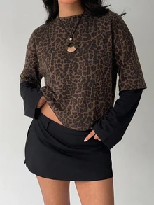 Aloruh Women's Round Neck Casual Leopard Print Pullover Fitted T-Shirt With Patchwork, Y2K Leopard Print T-Shirt - Multicolor - View 5