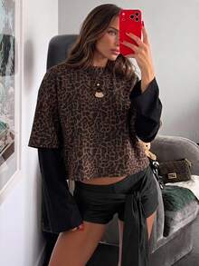 Aloruh Women's Round Neck Casual Leopard Print Pullover Fitted T-Shirt With Patchwork, Y2K Leopard Print T-Shirt - Multicolor - View 10
