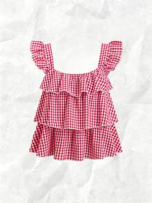 Olithes Women's Red And White Plaid Summer Cute Picnic Blouse,Sweet Girl Ruffled Cap Sleeve Square Neck Loose Flattering Tiered Gingham Top For Girls Ruffle - Red and White - View 7