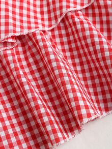 Olithes Women's Red And White Plaid Summer Cute Picnic Blouse,Sweet Girl Ruffled Cap Sleeve Square Neck Loose Flattering Tiered Gingham Top For Girls Ruffle - Red and White - View 6