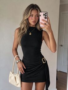 SHEIN Fashionable New Spring/Summer Sexy Rave Elegant Bodycon Fitted Slimming Semi-High Neck Sleeveless Dress With Metal Buckle Pleated Details For Women - Black - View 2