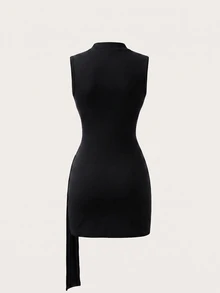 SHEIN Fashionable New Spring/Summer Sexy Rave Elegant Bodycon Fitted Slimming Semi-High Neck Sleeveless Dress With Metal Buckle Pleated Details For Women - Black - View 4