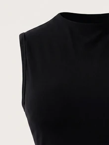 SHEIN Fashionable New Spring/Summer Sexy Rave Elegant Bodycon Fitted Slimming Semi-High Neck Sleeveless Dress With Metal Buckle Pleated Details For Women - Black - View 7