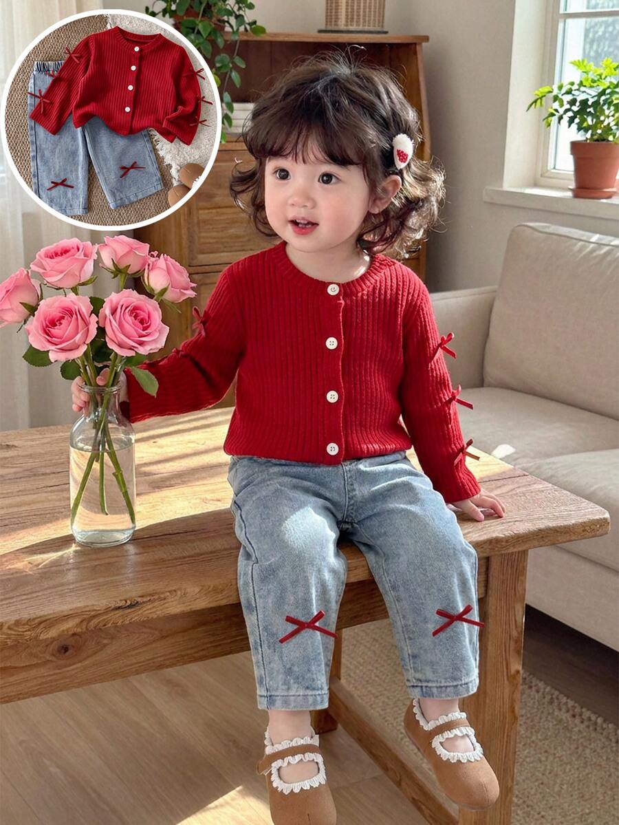 SHEIN Baby Girls Casual Fall Outfits Ribbed Knit Cardigan Jacket And Bowknot Denim Jeans 2pcs Set For Daily Wear Casual Outfit,Outdoor Photos - Red - View 1
