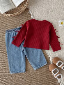 SHEIN Baby Girls Casual Fall Outfits Ribbed Knit Cardigan Jacket And Bowknot Denim Jeans 2pcs Set For Daily Wear Casual Outfit,Outdoor Photos - Red - View 2