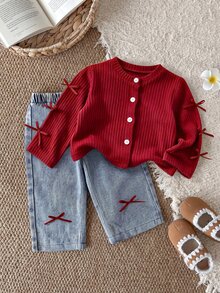 SHEIN Baby Girls Casual Fall Outfits Ribbed Knit Cardigan Jacket And Bowknot Denim Jeans 2pcs Set For Daily Wear Casual Outfit,Outdoor Photos - Red - View 3