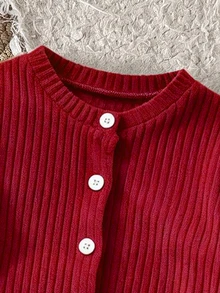 SHEIN Baby Girls Casual Fall Outfits Ribbed Knit Cardigan Jacket And Bowknot Denim Jeans 2pcs Set For Daily Wear Casual Outfit,Outdoor Photos - Red - View 4