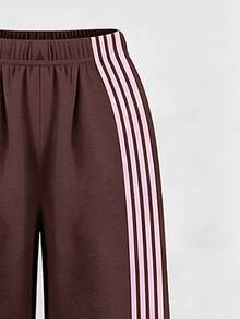 Tween Girls 2 Pcs Pink Butterfly Print Long Sleeve T-Shirt & Wide Leg Pants Set, Casual Daily Wear, Brown Top, Winter Outfits - Multicolor - View 7