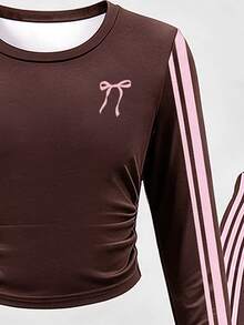 Tween Girls 2 Pcs Pink Butterfly Print Long Sleeve T-Shirt & Wide Leg Pants Set, Casual Daily Wear, Brown Top, Winter Outfits - Multicolor - View 5
