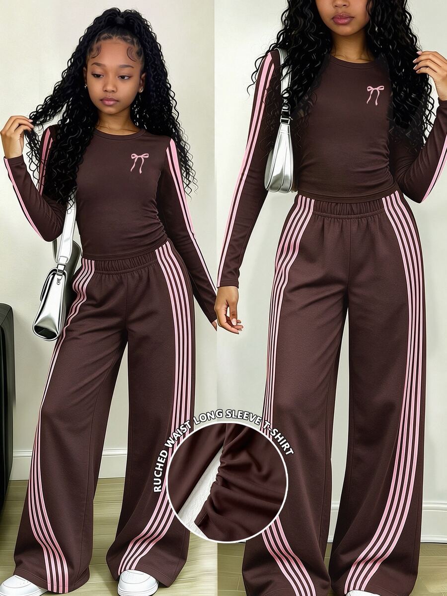 Tween Girls 2 Pcs Pink Butterfly Print Long Sleeve T-Shirt & Wide Leg Pants Set, Casual Daily Wear, Brown Top, Winter Outfits - Multicolor - View 1