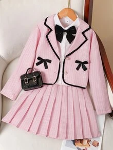 SHEIN Tween Girl Fall Bow Decor Long Sleeve Jacket And Pleated Mini Skirt Set Family School Pink White Cute Preppy - Pink - View 5