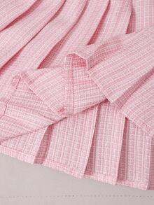 SHEIN Tween Girl Fall Bow Decor Long Sleeve Jacket And Pleated Mini Skirt Set Family School Pink White Cute Preppy - Pink - View 3