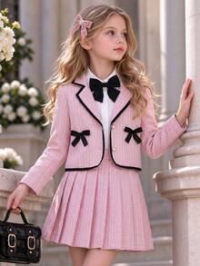 SHEIN Tween Girl Fall Bow Decor Long Sleeve Jacket And Pleated Mini Skirt Set Family School Pink White Cute Preppy - Pink - View 1