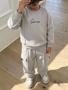 SHEIN 2pcs Kids Tween Boy Casual Crew Neck Pullover Long Sleeve Sweatshirt With Pocket And Cuffed Long Pants Knit Two Pieces Set Suitable For School, Garden, Beach, Birthday, Fall, Spring, Summer, Winter, Fleece, Thick - Grey - View 5