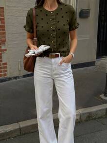 Struktiv Women's Polka Dot Khaki Color Textured Knit Top, Fall Brunch Vintage Elegant - Army Green - View 4