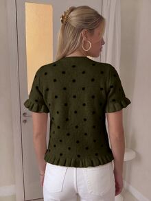 Struktiv Women's Polka Dot Khaki Color Textured Knit Top, Fall Brunch Vintage Elegant - Army Green - View 2
