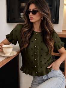 Struktiv Women's Polka Dot Khaki Color Textured Knit Top, Fall Brunch Vintage Elegant - Army Green - View 1