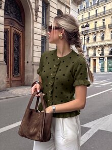 Struktiv Women's Polka Dot Khaki Color Textured Knit Top, Fall Brunch Vintage Elegant - Army Green - View 7