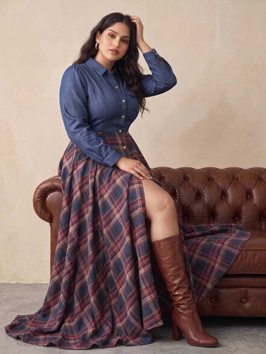Nubod Plus Size Country Vintage Plaid Patchwork Denim Elegant Western Style Shirt Dress With Extra Dress - Multicolor - View 1
