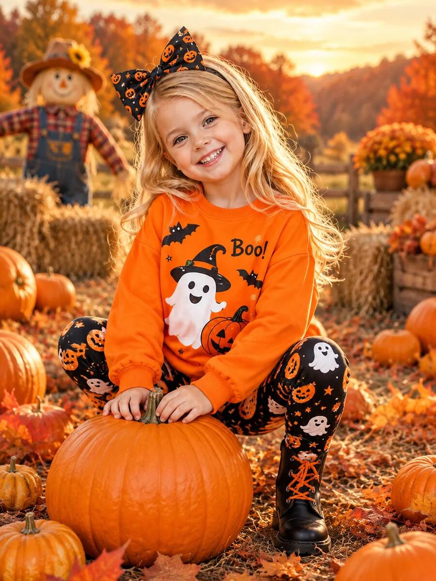 Girls' Christmas Outfit: A Two-Piece Set Featuring A Crew-Neck Sweatshirt-Adorned With A Reindeer, A Bow, And A Santa Hat-Paired With Red Leggings. Pe - Multicolor - View 1