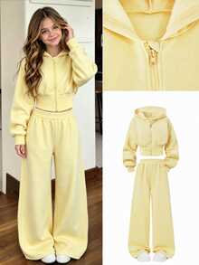 SHEIN Teen Girls Fall Outfits 2pcs/Set Floral Gray Hooded Zip-Up Cardigan,Loose Fit Pants,Pink,Autumn,Casual Streetwear Baggy,Holiday Beach Formal - Yellow - View 1