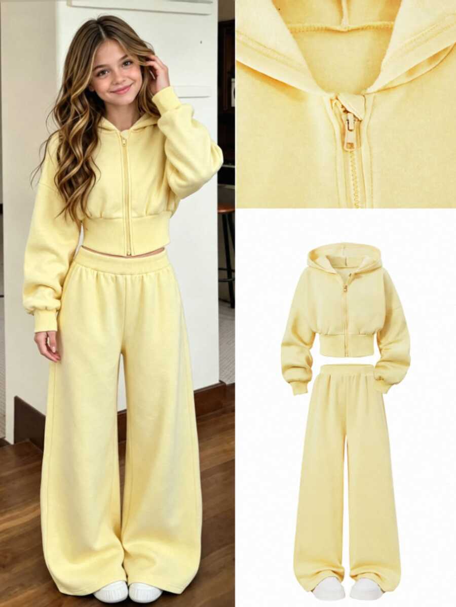 SHEIN Teen Girls Fall Outfits 2pcs/Set Floral Gray Hooded Zip-Up Cardigan,Loose Fit Pants,Pink,Autumn,Casual Streetwear Baggy,Holiday Beach Formal - Yellow - View 1