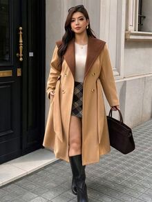 Easura Plus Size Women's Fashion Elegant Colorblock Contrast Lapel Wool Blend Coat Winter - Brown - View 1