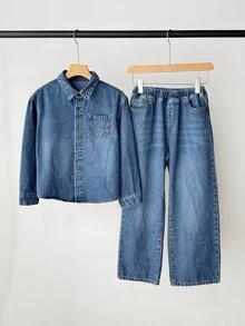 SHEIN Little Byeori 2Pcs Tween Boy Denim Kids Loose-Fitting Comfortable And Simple Shirt And Loose-Fitting Comfortable Jean - Blue - View 1