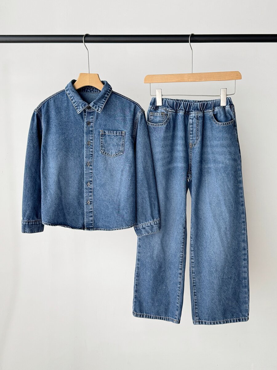 SHEIN Little Byeori 2Pcs Tween Boy Denim Kids Loose-Fitting Comfortable And Simple Shirt And Loose-Fitting Comfortable Jean - Blue - View 1