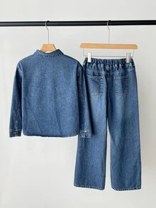 SHEIN Little Byeori 2Pcs Tween Boy Denim Kids Loose-Fitting Comfortable And Simple Shirt And Loose-Fitting Comfortable Jean - Blue - View 2