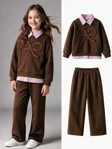 SHEIN A Casual Two Pieces Top And Wide Leg Pants For Young Girls, With A Detachable Collar That Can Be Worn Twice, Suitable For Autumn And Winter Fashion - Coffee Brown - View 6