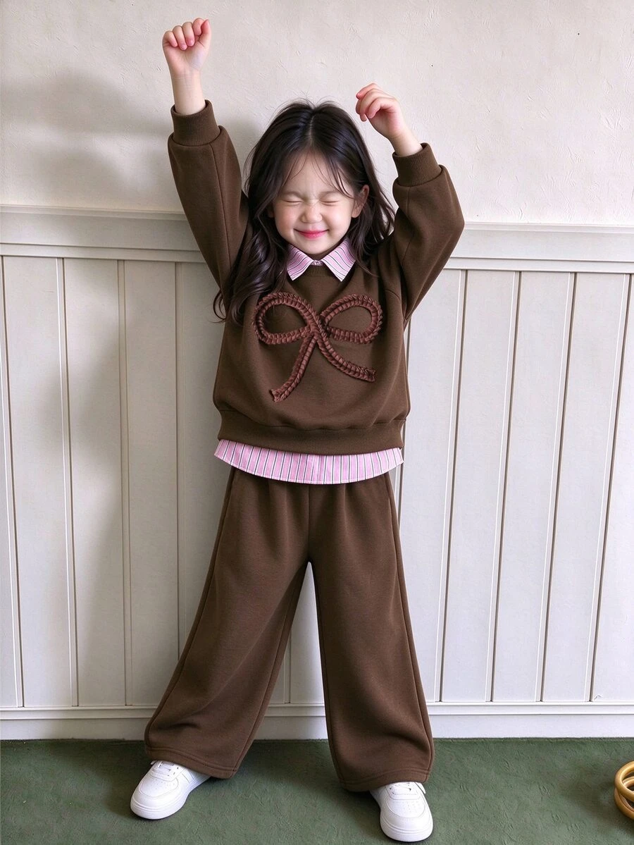 SHEIN A Casual Two Pieces Top And Wide Leg Pants For Young Girls, With A Detachable Collar That Can Be Worn Twice, Suitable For Autumn And Winter Fashion - Coffee Brown - View 1