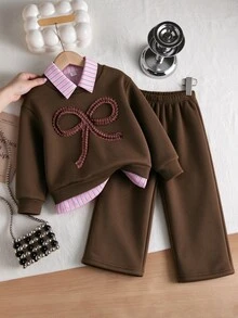 SHEIN A Casual Two Pieces Top And Wide Leg Pants For Young Girls, With A Detachable Collar That Can Be Worn Twice, Suitable For Autumn And Winter Fashion - Coffee Brown - View 5