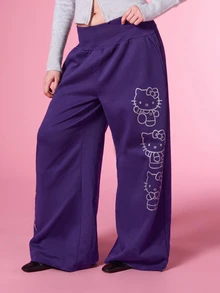 HELLO KITTY AND FRIENDS | COUREZ 女款黑色大廓形圖案 Y2K 風格休閒慢跑褲 秋季街頭風運動長褲/短褲 - 紫色 - 查看 4