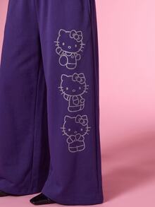 HELLO KITTY AND FRIENDS | COUREZ 女款黑色大廓形圖案 Y2K 風格休閒慢跑褲 秋季街頭風運動長褲/短褲 - 紫色 - 查看 6
