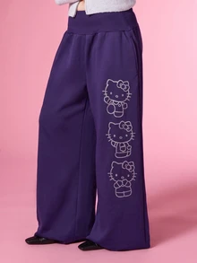 HELLO KITTY AND FRIENDS | COUREZ 女款黑色大廓形圖案 Y2K 風格休閒慢跑褲 秋季街頭風運動長褲/短褲 - 紫色 - 查看 5