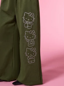 HELLO KITTY AND FRIENDS | COUREZ 女款寬鬆休閒慢跑褲，圖案/Y2K風格，秋季運動長褲短褲長短褲，黑色街頭風休閒褲 - 橄欖綠 - 查看 6