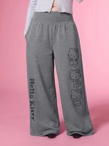 HELLO KITTY AND FRIENDS | COUREZ 女款黑色寬鬆休閒慢跑褲，圖案印花 Y2K 風格，秋季運動長褲短褲，街頭風休閒長短褲 - 淺灰色 - 查看 1