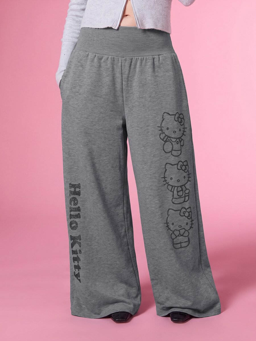 HELLO KITTY AND FRIENDS | COUREZ 女款黑色寬鬆休閒慢跑褲,圖案印花 Y2K 風格,秋季運動長褲短褲,街頭風休閒長短褲 - 淺灰色 - 查看 1