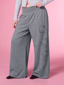HELLO KITTY AND FRIENDS | COUREZ 女款黑色寬鬆休閒慢跑褲，圖案印花 Y2K 風格，秋季運動長褲短褲，街頭風休閒長短褲 - 淺灰色 - 查看 4